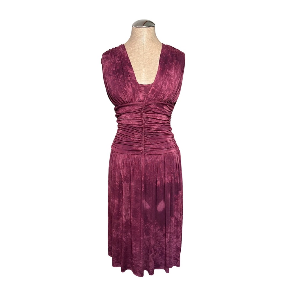Purple Whimsigoth Tie Dye Ruched Drop Waist Jersey Midi Dress Sleeveless Est S